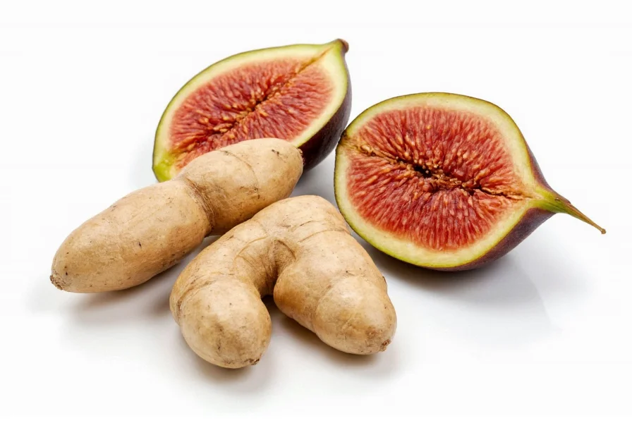 Fresh figs and ginger root arranged on wooden cutting board