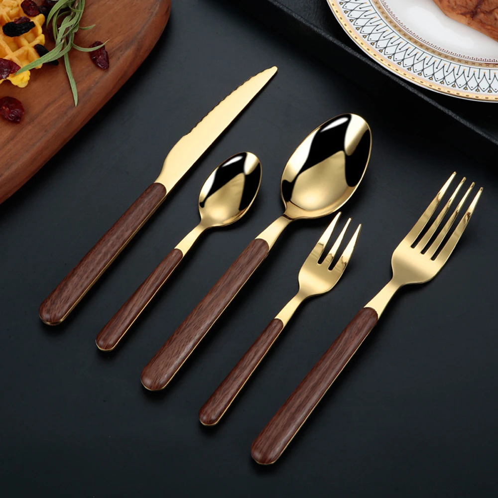 

Golden Light Luxury Easy To Cleaning 5 Pcs Stylish Handheld Steel Flatware Set, Dark wood grain