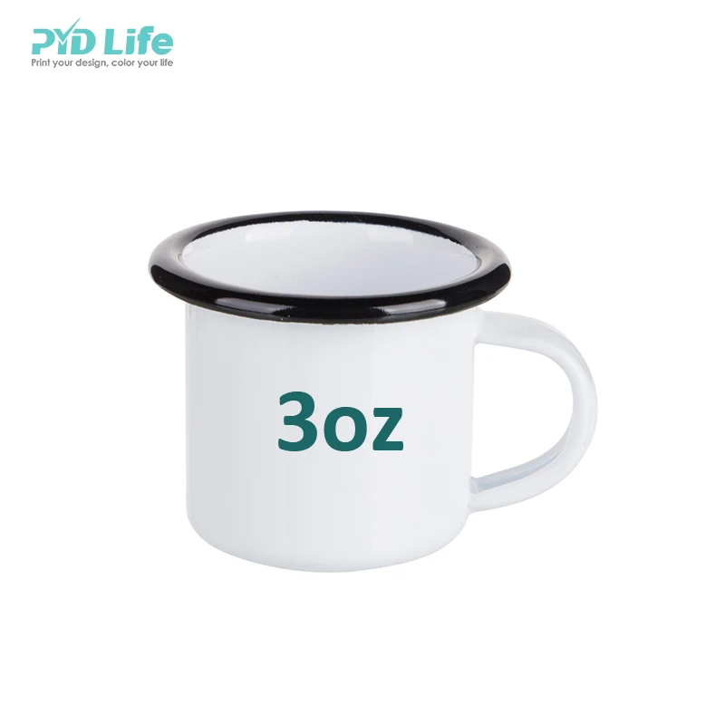 

PYD Life Wholesale RTS Metal Mugs Espresso Kids Sublimation White 3 oz Custom Enamel Coffee Mug with Black Blue Rim