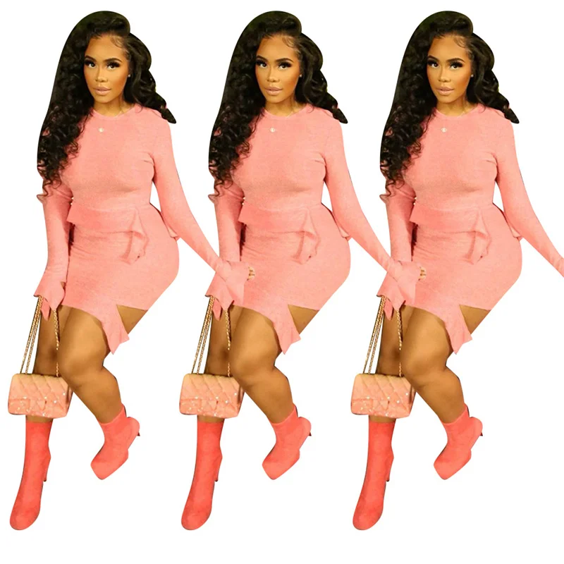 

2021 Autumn New Long Sleeve O-Neck Irregular Top Mini Skirt Bodycon Elegant Party 2 Piece Set Women, Picture color