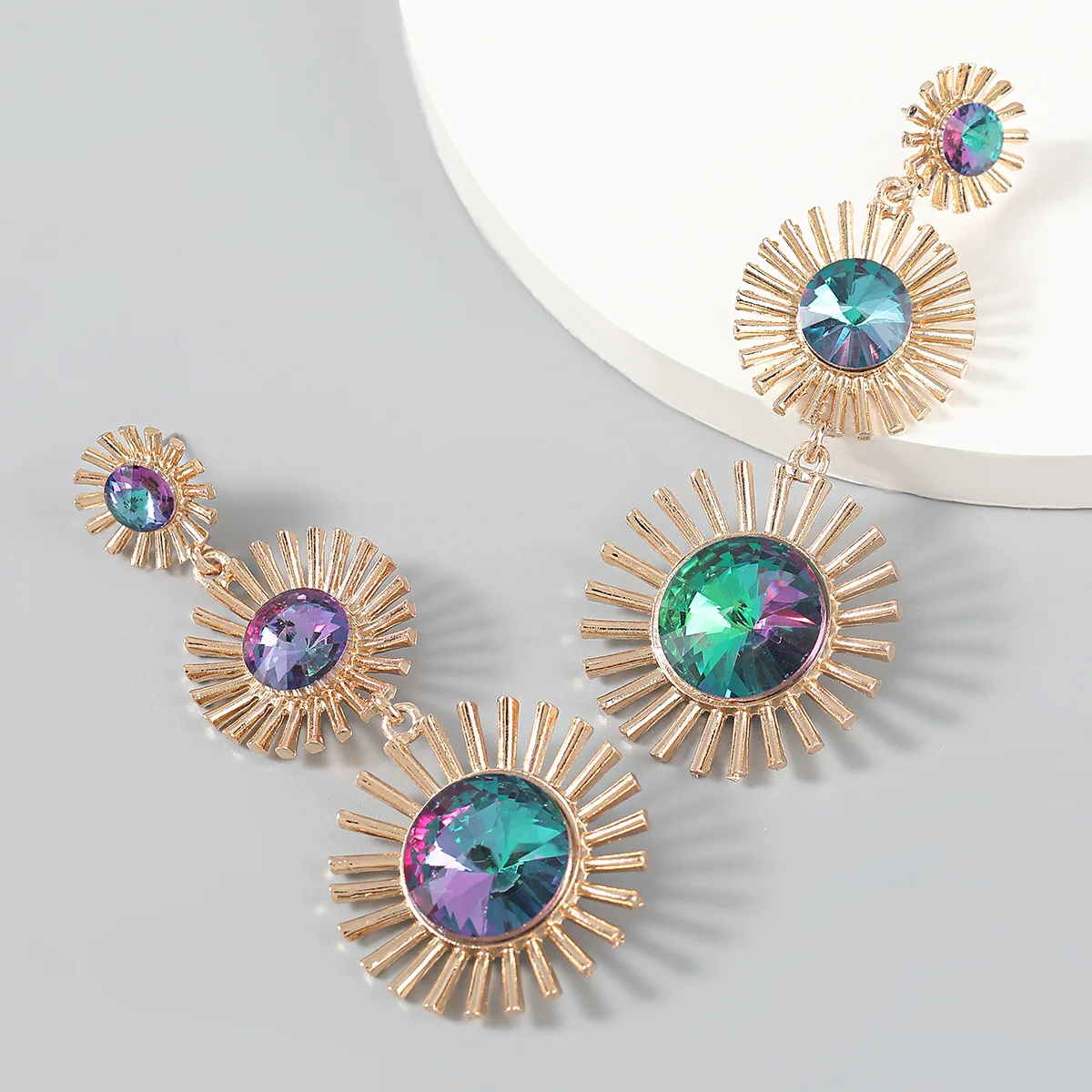 

Multi-layer round glass diamond earrings alloy sunflower earrings trendy women popular party earrings