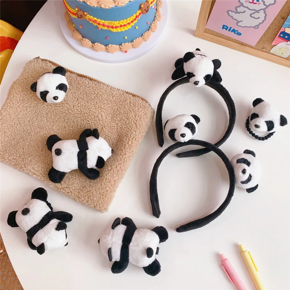 Cartoon jewelry cute panda scrunchies hair ties Fabric panda brooch 3D panda doll makeup wash hair hoop headband