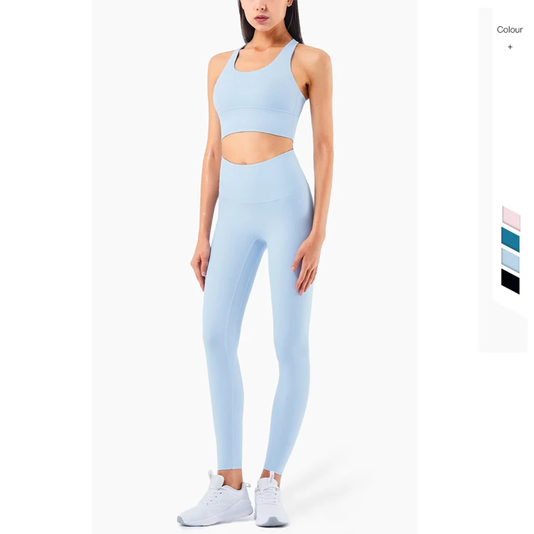 

New Arrival High Quality Spandex Cross Back Sport Bra and Yoga Pants Set, 4 colors