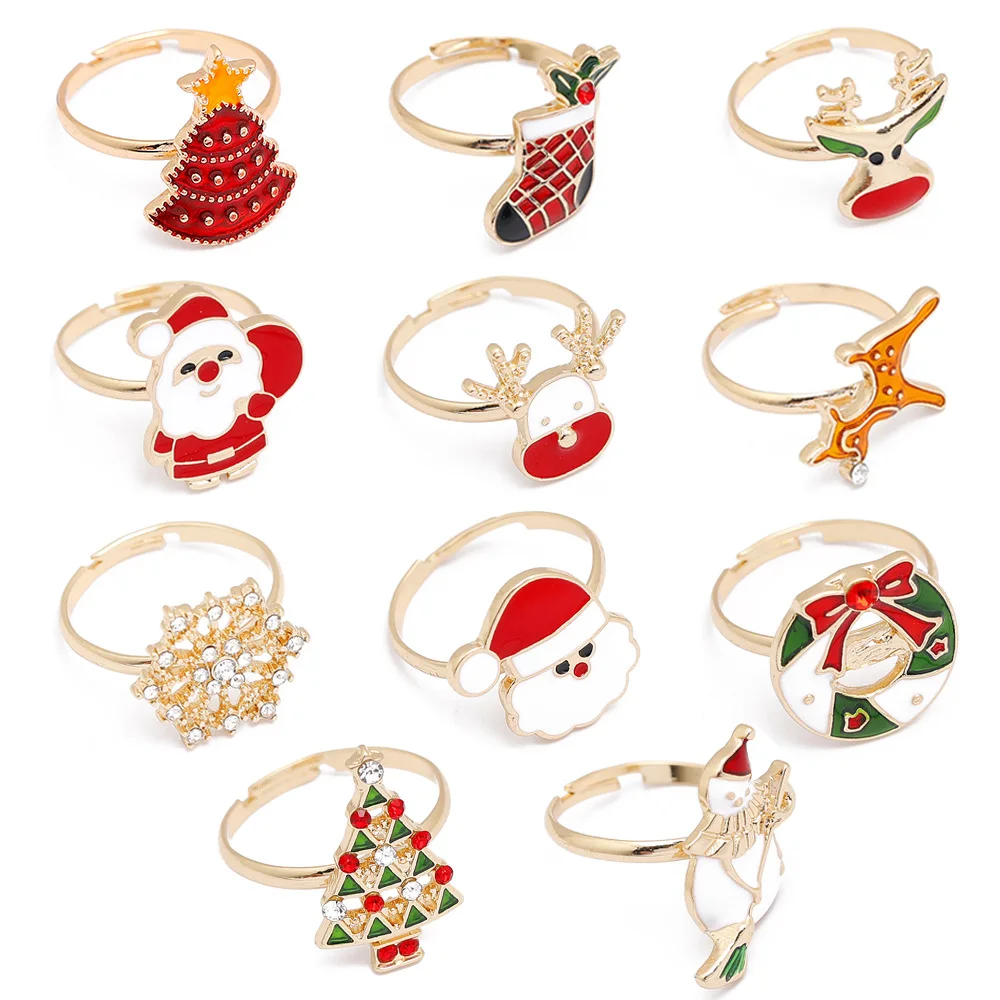 

2021 Colorful Oil Drop Christmas Elk Tree Snowflake Sock Rings  Size Gold Plated Xmas Santa Claus Rings For Girls