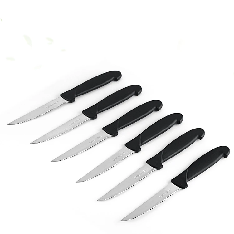 Pack Of 2 Steak Knives Stainless Steel Serrated Edge Black Plastic Handle.