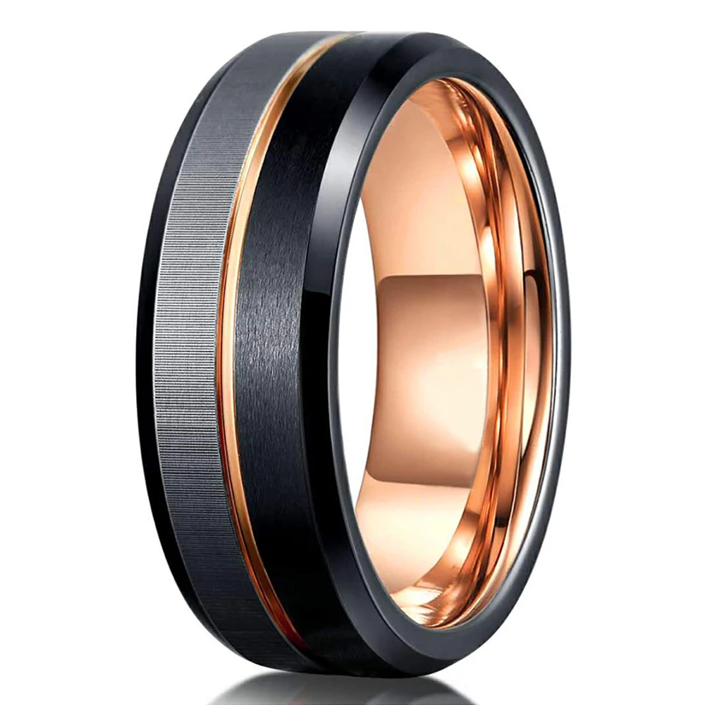 

8MM black silver rose gold tungsten carbide rings fashion groove rings for men titanium steel wedding party jewelry mens ring
