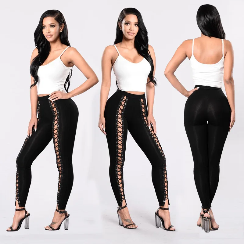 

Trendy bodycon trousers ladies Sexy women high waist leggings mesh eyelets club stretch pants Women's Pants With Hollow Out