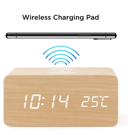 

Modern Rectangle Mobilephone Wooden Alarm Clock QI Wooden Wireless Charging Alarm Clock with Temperature Display