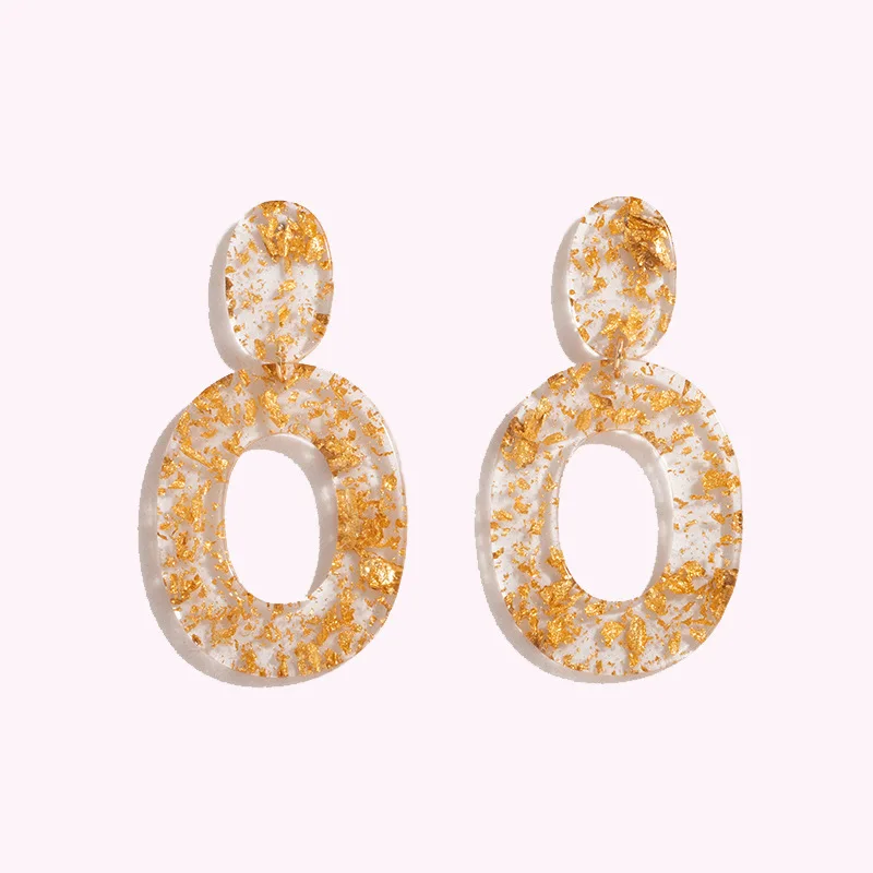 

New Design Delicate Fashion Transparent Acrylic Acetate Oval Earrings Exaggerated Gold Foil Resin Earrings for Women Girls