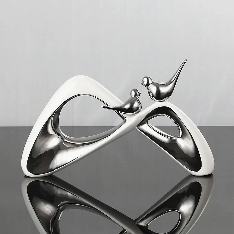 

Silver ceramic bird ornaments home hotel fancy crafts decoration, White/silver