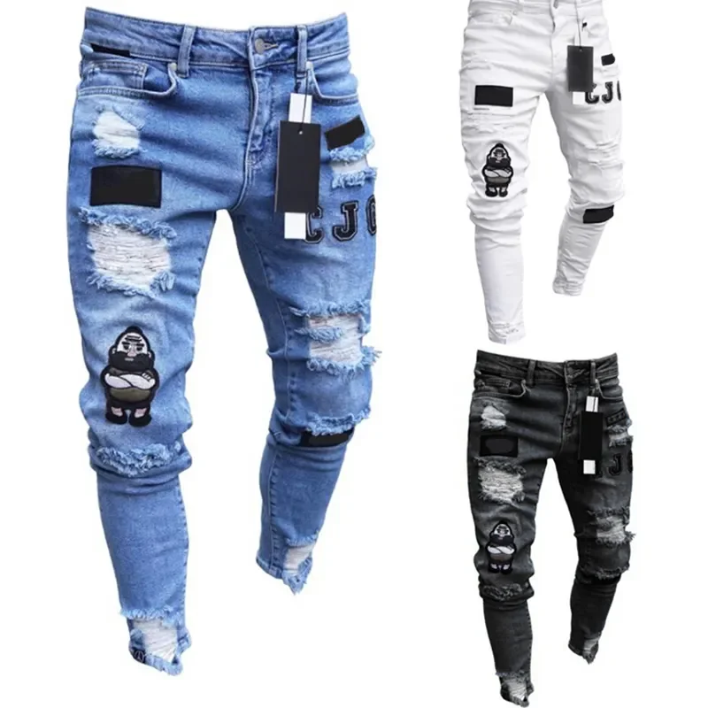 

Hot Sale Men's Distressed Destroyed Badge Pants Art Patches Stretch Skinny Hip Hop Male Denim Pants