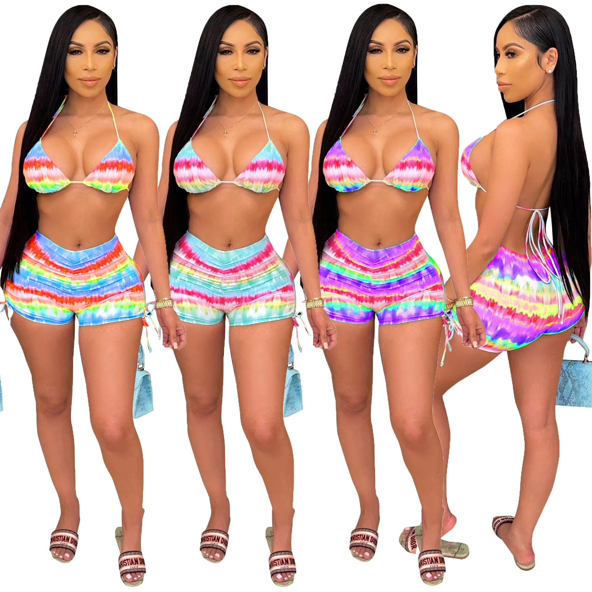 

2021 Sexy Printed Drawstring Pleated Fission Swimsuit Summer Womans Beach Wear Hot Pants Bikini Sets