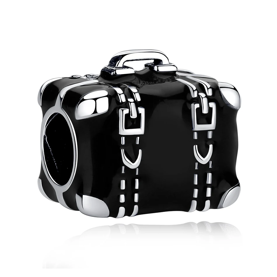 

Real 925 Sterling Silver Bead Black Enamel Suitcase Charm Bead Black briefcase Charms Fit Bracelets DIY Jewelry