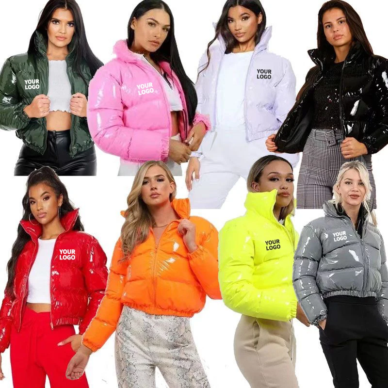 Shiny Puff Bubble Fashion Ladies 100% Polyester Padded Cropped Winter Puffer Jackets Bright Coats Stand Collar Sizes Casual