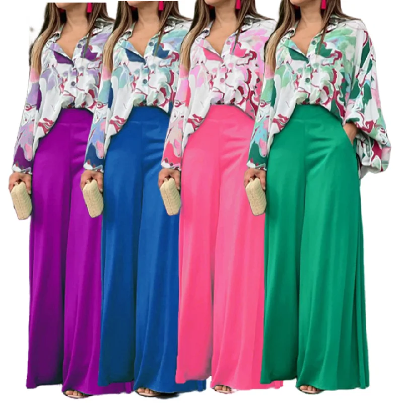 

HK8608 Latest Design Summer Loose Two Piece Pants Set Women Casual Printed Wide Leg Pants And Shirt Set Women