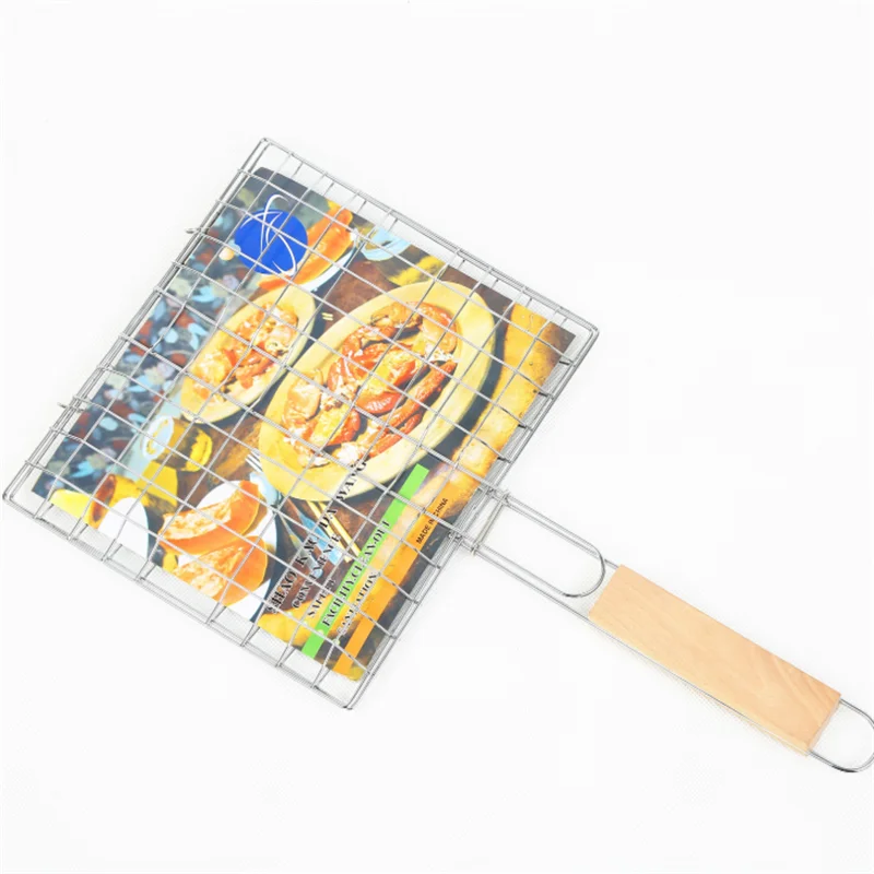 

Portable Wooden Handle Silver Barbecue Grill Barbecue Clip Non-stick Grilled Fish Burger Mesh Accessories Outdoor Tool