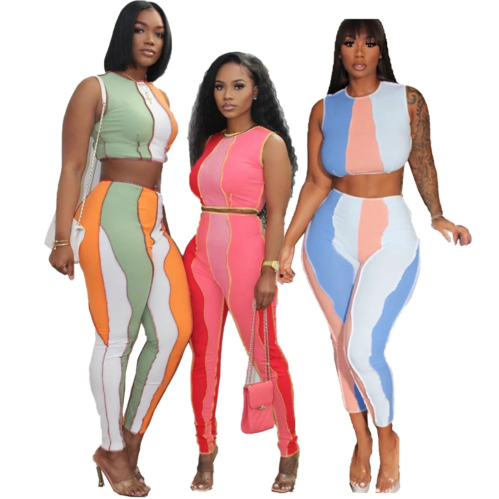 

2021 Crop Tank Top And Pants Sleeveless Stripe Patchwork Yoga Work Out Set Summer 2 Piece Set Women