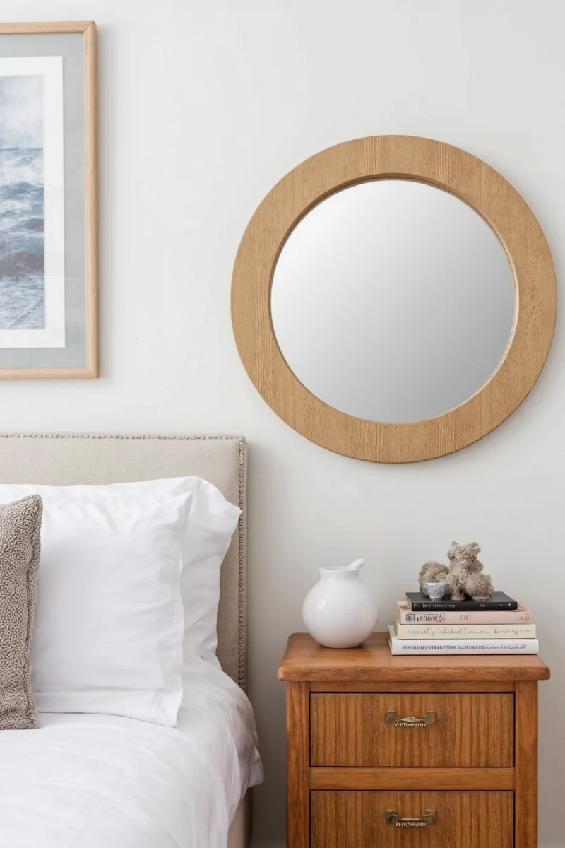 Child looking into a low-hung wooden round mirror