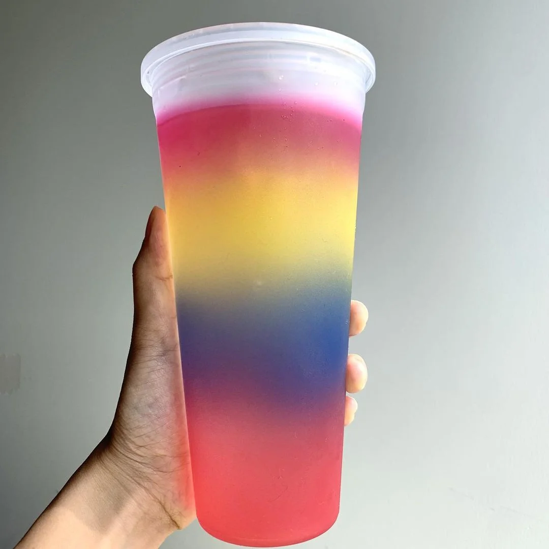 

Wholesale Custom Design Double Wall Color Changing Anti-scald Coffee Tumbler Plastics Cups Tea Cups With Straw
