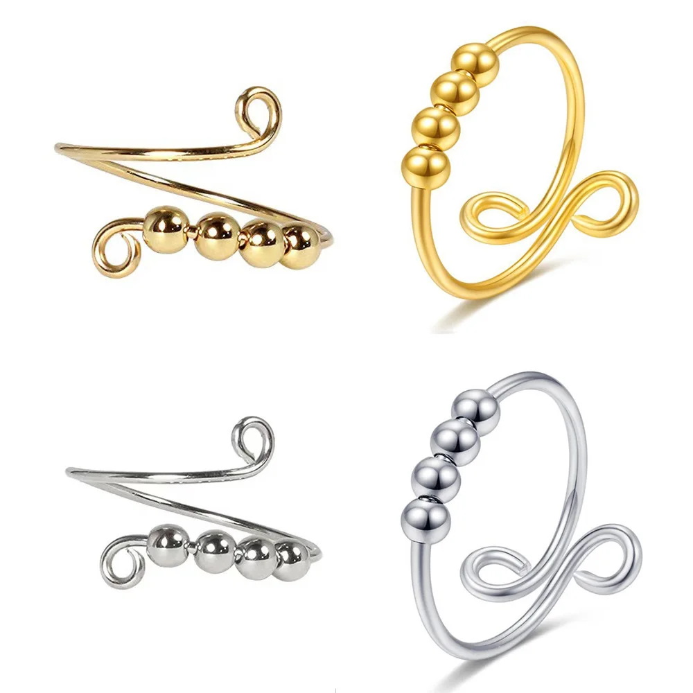 

Beads rings Rotate Freely Anti Stress Anxiety Ring Adjustable Anti stress Spiral Beads Rotate jewlery, Gold color