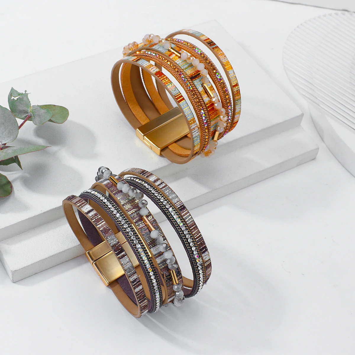

Colorful Wide Leather Rhinestone Acrylic Beads Bracelets for Women Fashion Jewelry 2021 Female Multilayer Cuff Wrap Bangle, Gold,silver