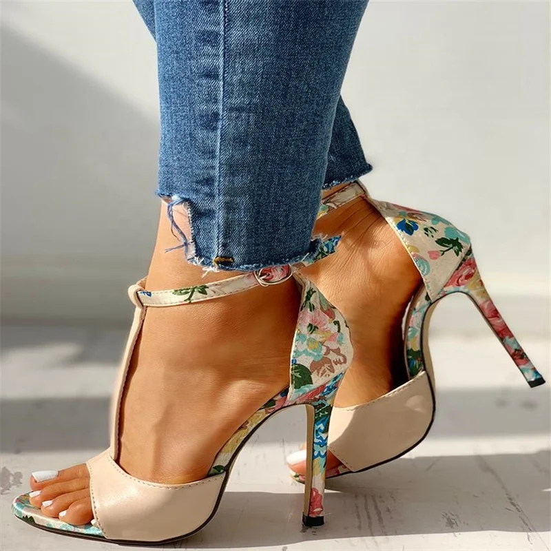 

Explosive Style Sandals Women 2021 Super High Heel Buckle Stiletto Heel Large Size European And American Floral Open-toe Women's