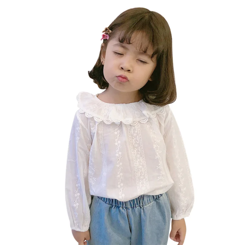 

Girls spring 2021 new casual fashion high-end children long sleeve shirt lace collar shirt simple solid color doll shirt, Rice white