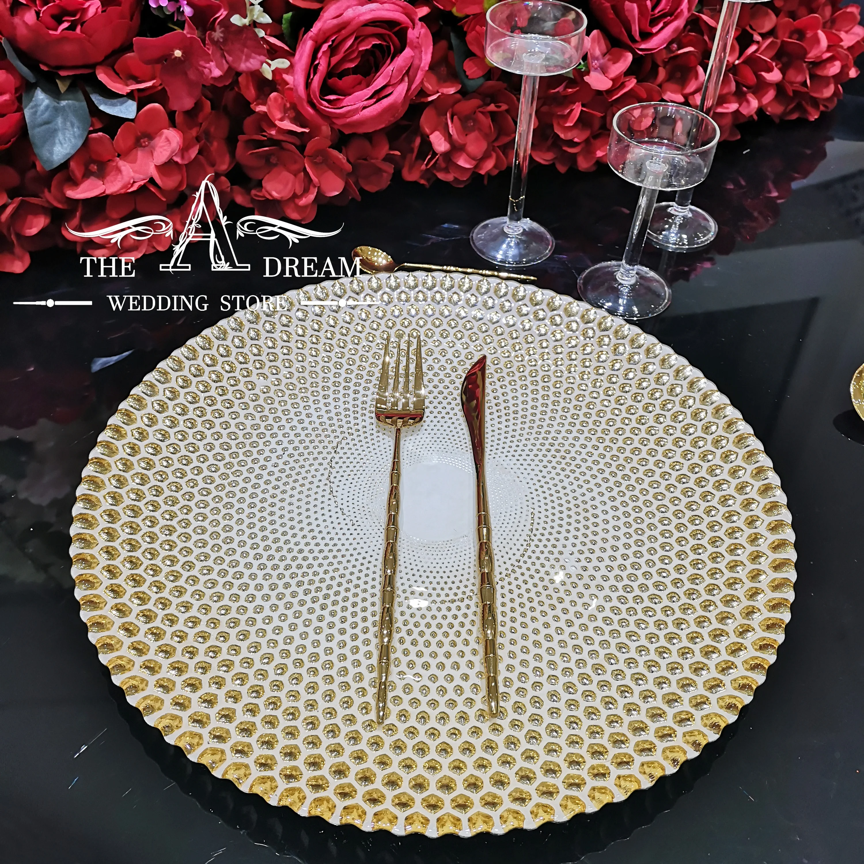 

13'' Golden Glass Charger Plate 33cm Luxury Glass Plate For Wedding Golden Dot Charger Plate From The A Dream Wedding Store
