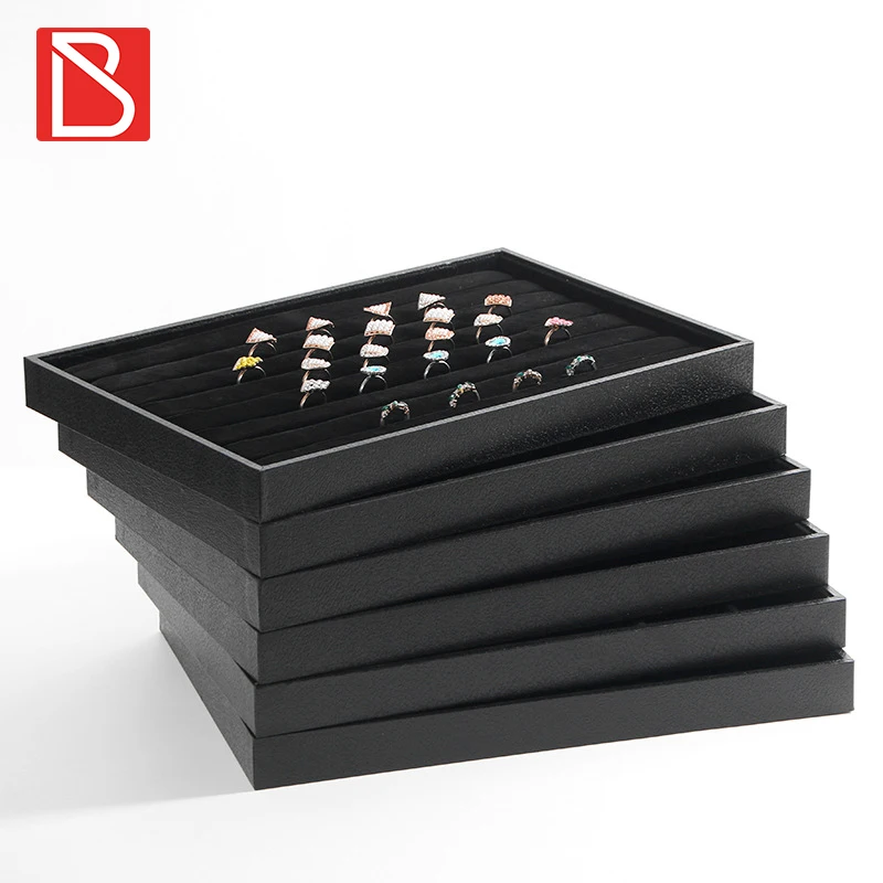 

Elegant Stackable MDF Covered Velvet Jewelry Ring Display Tray, Black / customized