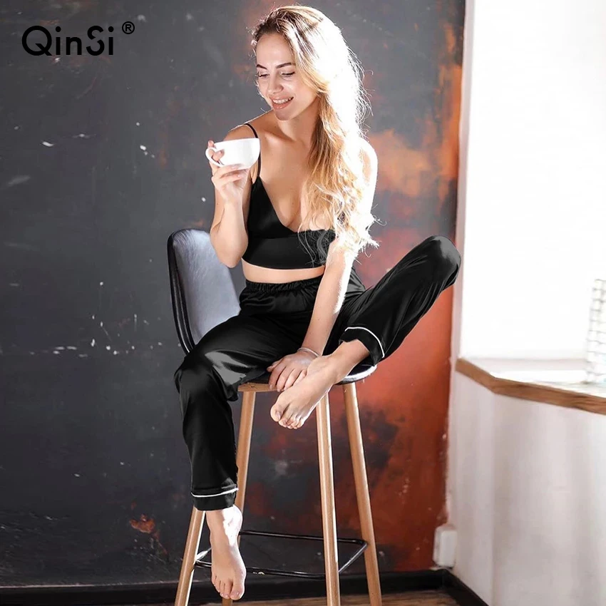 

QINSI 2019 Hot Women Sexy Satin Sling Lingerie Nightwear Shirt Woment Attractive Sexy Sleepwear S-L Night Pants Sleep Wear