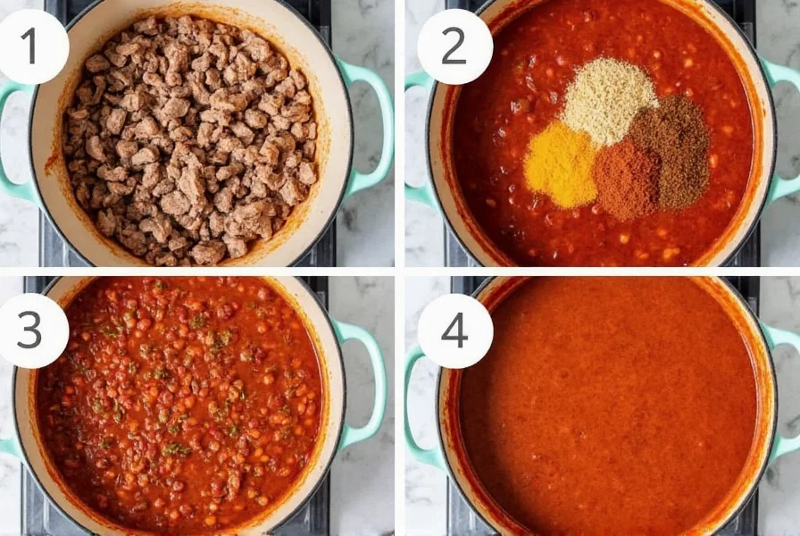 Step-by-step chili cooking process showing meat browning, spice toasting, and simmering stages