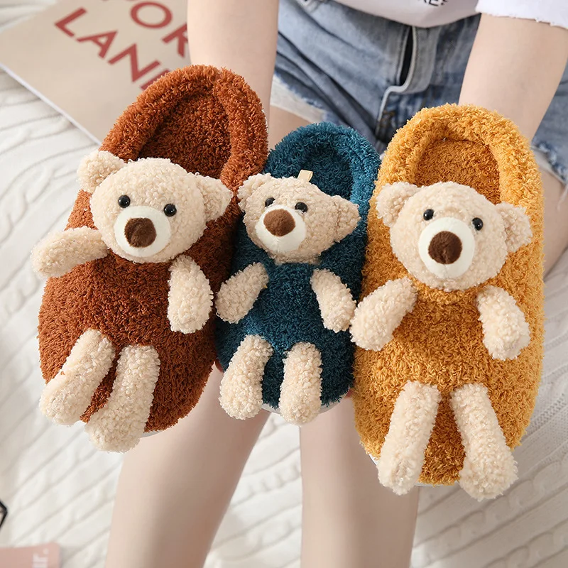 

Winter Comfortable House Furry Bear slippers Warm Soft Indoor Plush Teddy Bear House Slippers, As picture