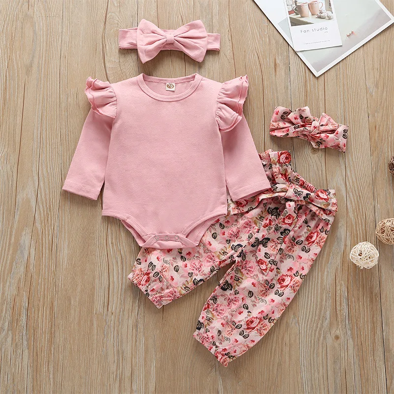 

New Born Baby Clothes Sets Kids Children Shirts Ruffled Fly Sleeve Rompers With Floral Pants Outfit Infant Toddlers Clothes Set, Picture show