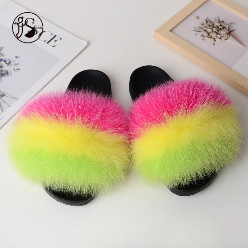 

Real fox fur slippers colorful fur slides custom soft warm women slippers fluffy fashion lady fox sandals, Picture