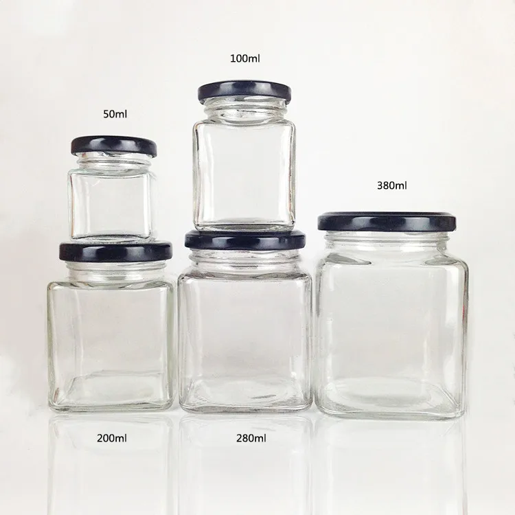 
50ml 80ml 100ml 200ml 280ml 380ml 500ml 730ml square clear glass jar for jam and pickle with metal lid 