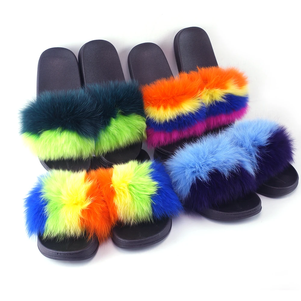 

2020 New Real Fur Slippers Women Fashion Style Slides Spring Autumn Winter Indoor Flip Flops Flat Fur Sandals, Rainbow pink or solid