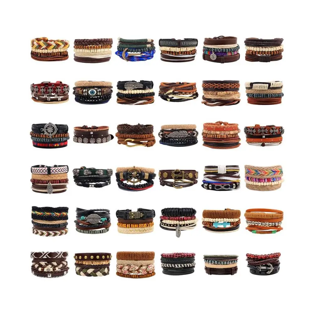 

wholesale women men handmade friendship bohemian beaded leather bracelet set