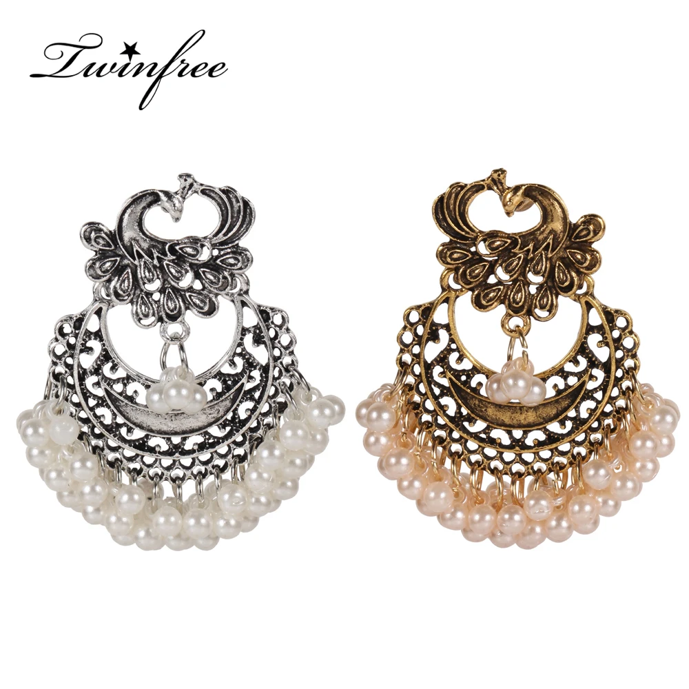 

New Shein Indian Traditional Jewelry for Women Girl Fashion Vintage Jhumki Silver Gold Classic Peacock Pearl Earrings