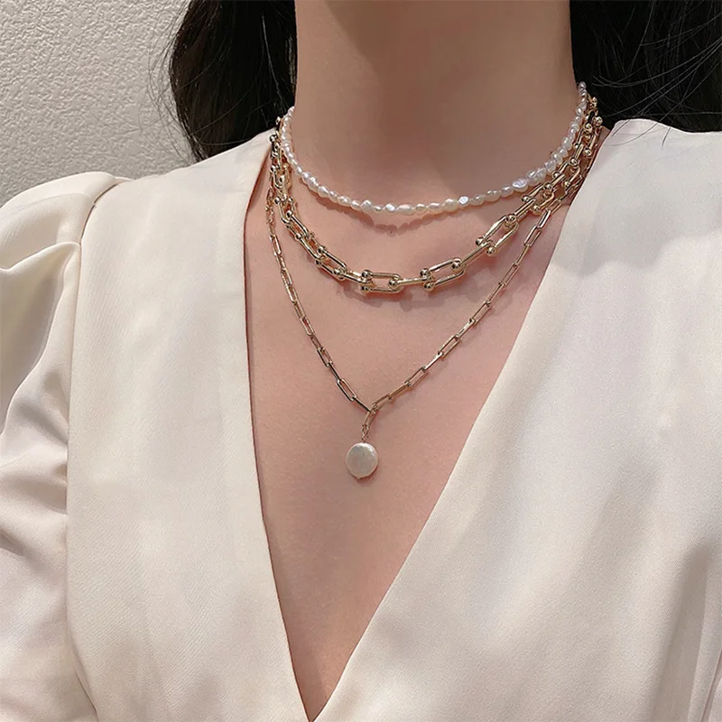 

Korean Elegant Gold Link Chain Freshwater Pearl Choker Necklace Multi Layered Baroque Pearl Necklace