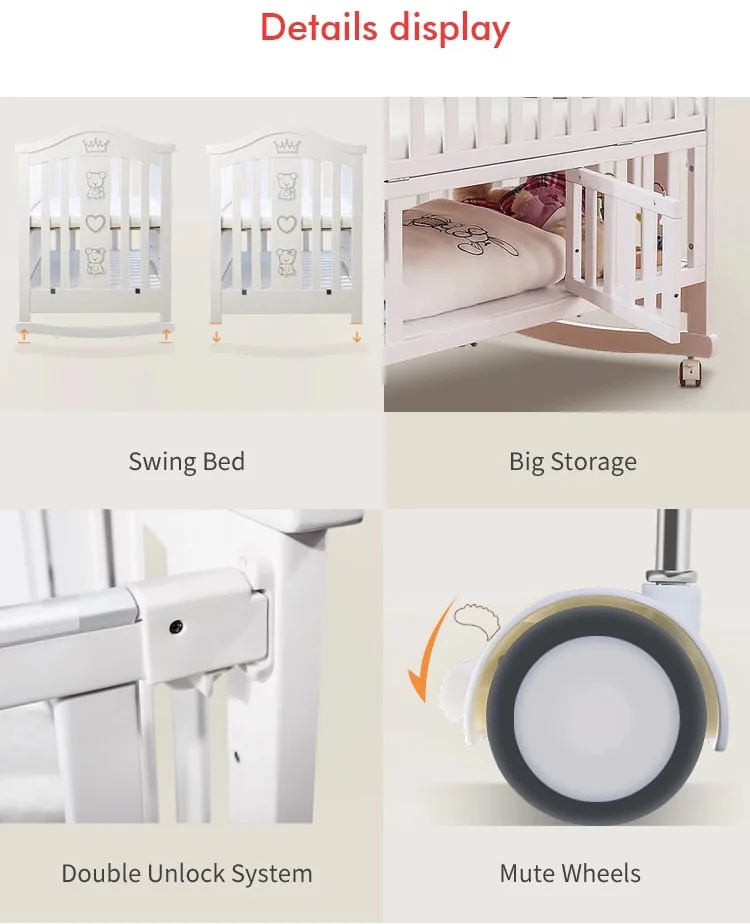 4 In 1function Luxury Safe Painted White Wooden Bed Crib Picture