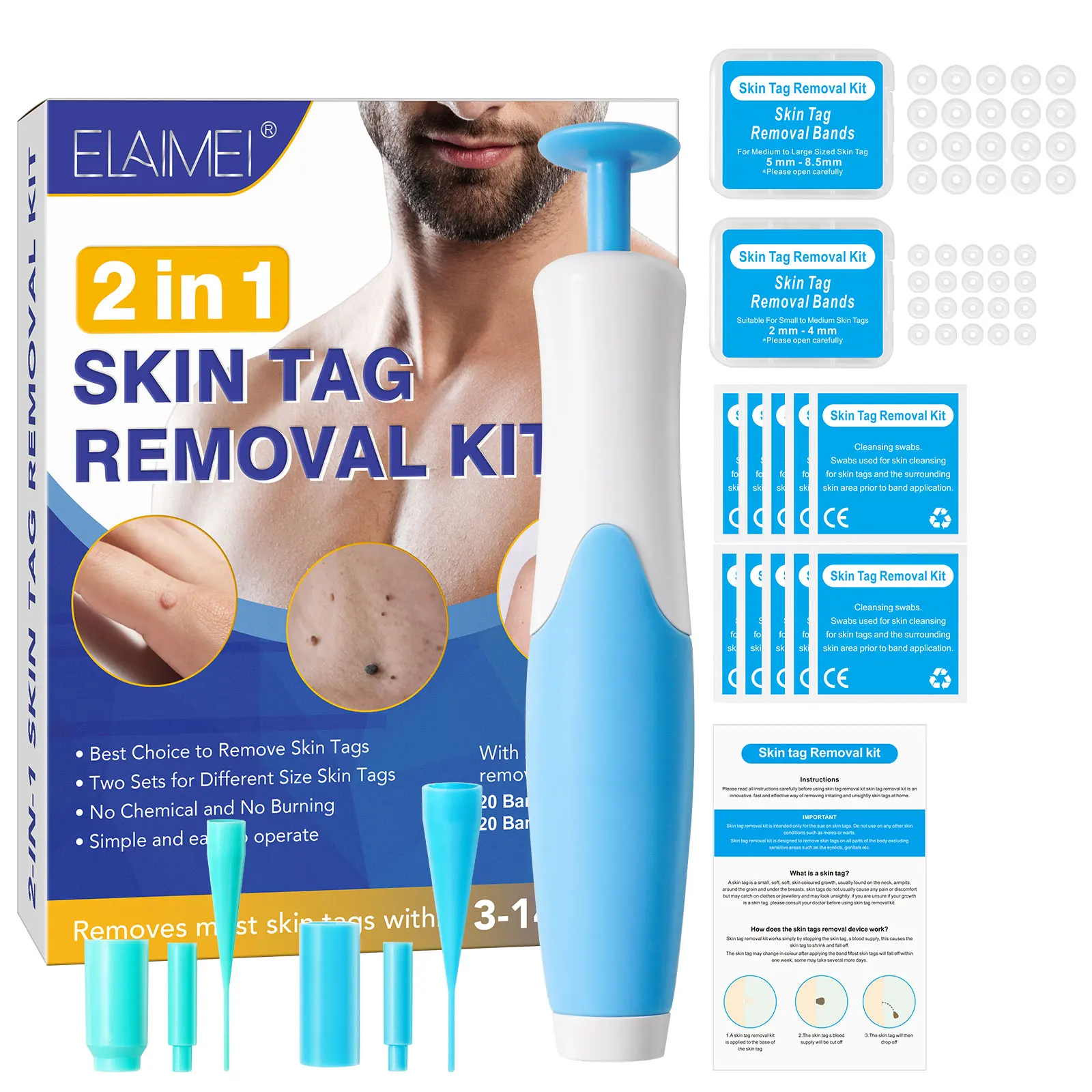 

ELAIMEI Auto Painless Safe Tool Micro and Regular Skin Tag Band Repair Treatment Device 2-8mm Band Skin Tag Warts Removal Kit