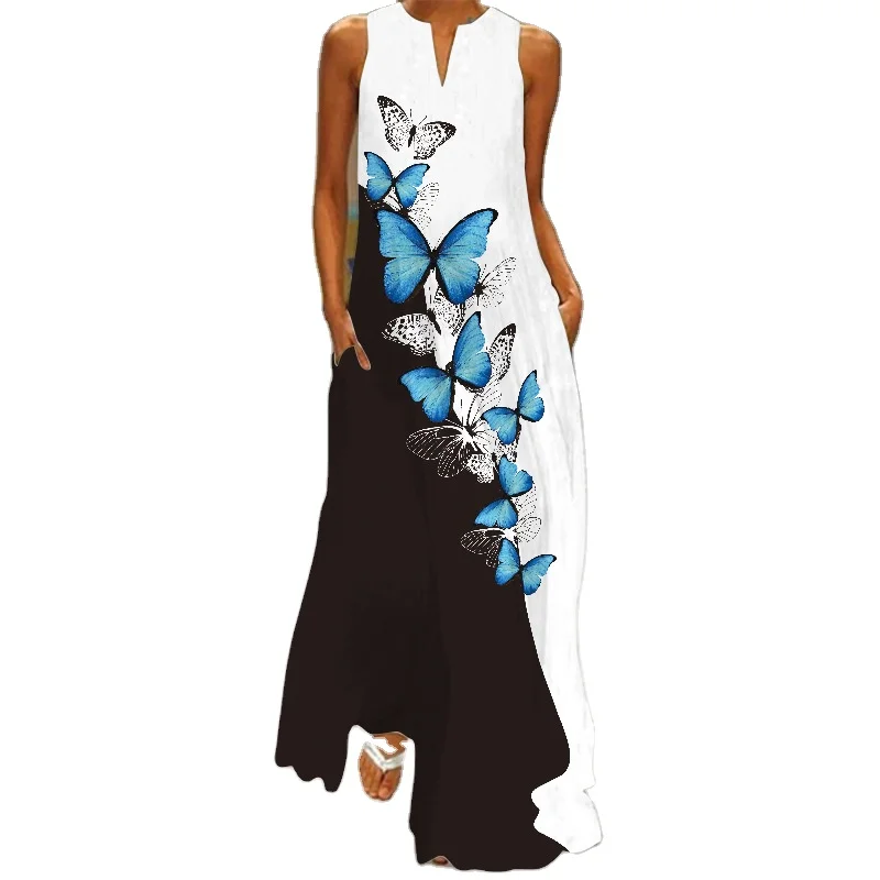 

2021 summer new loose print round neck sleeveless plus size casual dress