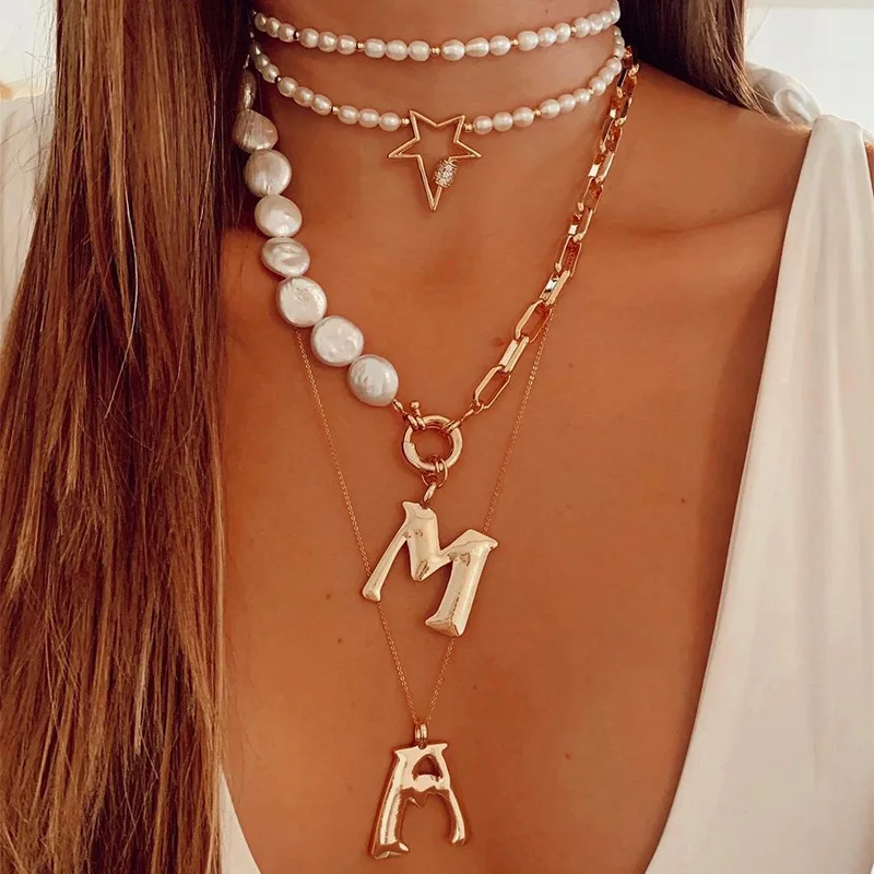 

Barlaycs 2021 New Arrival Pearl Necklace Multi-layer Beads Stacked Letter Pendant Necklace for Women Accessories