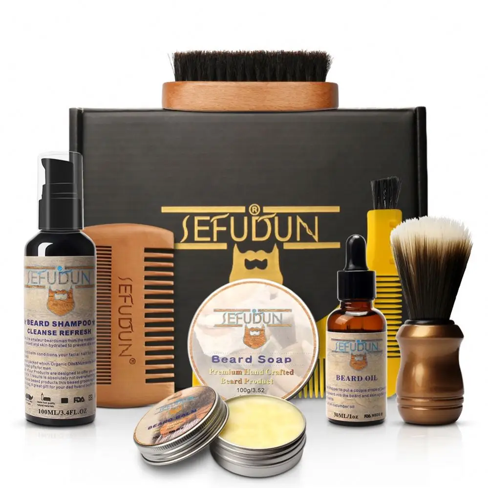 

SEFUDUN New Arrival 8 Items Set organic Beard Brush Oil Balm Beard Comb Beard Grooming Kit, Picture