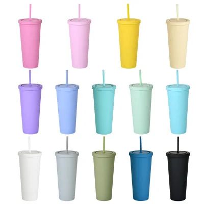 

Customizable Double Wall Matte Plastic Bulk Tumblers 22oz Pastel Colored Acrylic Cups with Lids and Straws, Showed as picturses