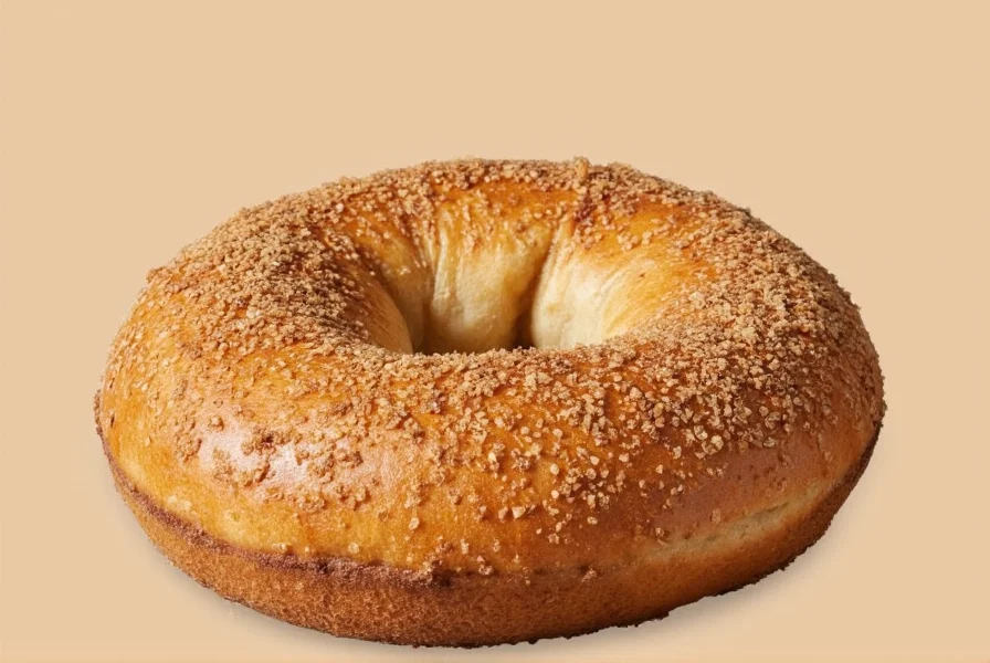 Close-up photograph of Panera Cinnamon Crunch bagel showing the textured topping with cinnamon sugar and streusel pieces on golden brown bagel base