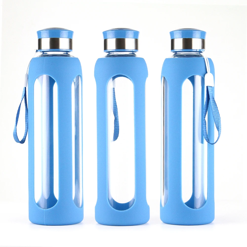 

Hot selling single wall glass water bottle high borosilicate glass water bottles with Silicon Sleeve custom logo, Customized color