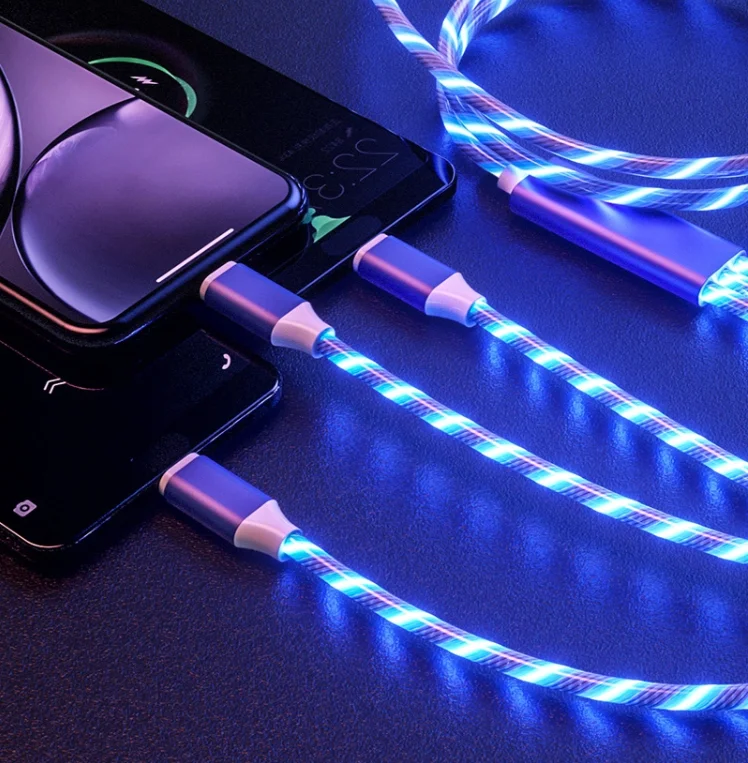 

30 Pecent Off Streamer led flowing light Fast Charging 3 in 1 Micro Type c 3A Quick Charger Led Charging USB Cable, Blue, green, red, sliver(colorful)