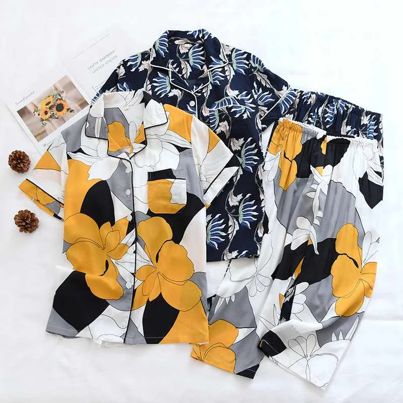 

2021 New Summer Ladies 100% Viscose Short-sleeved Suit Women's Clothing With Chest Pad Half-sleeved Cropped Pants Home Service, Multiple colour