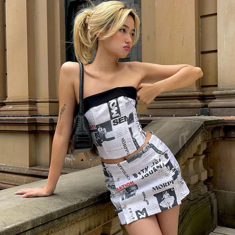 

Newspaper Women Dress Two pieces Sleeveless Summer New Dress Fashion Korean Ladies Pin Print Slim Fit Sheath Mini Dress Female